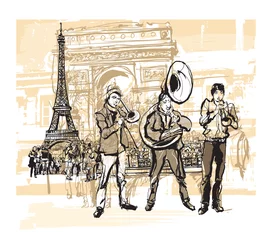 Poster Muzikanten voor de Eiffeltoren in Parijs © Isaxar