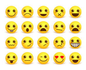 Smileys face cute vector emoticon set with happy facial expressions in yellow icon circle isolated in white background. Vector illustration
