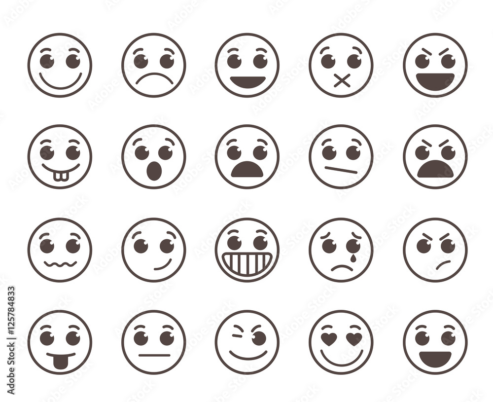 Wall mural smiley face flat line vector icons set with funny facial expressions in black circle isolated in whi