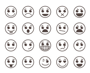 Smiley face flat line vector icons set with funny facial expressions in black circle isolated in white background. Vector illustration.
