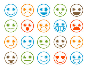 Smiley emoticons vector icon set in flat line circle button with colorful facial expression in white background. Vector illustration.
