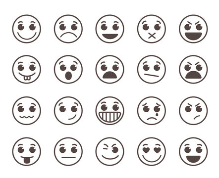 Smiley face flat line vector icons set with funny facial expressions in black circle isolated in white background. Vector illustration.
