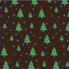 Christmas tree with garland and snowflakes on brown background. Seamless pattern