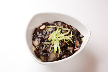 black-bean-sauce noodles, 짜장면, jajangmyeon. It's a chinese style cuisine.