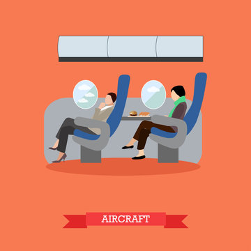 Airline travel passengers concept vector banner. People in airplane. Aircraft transport interior