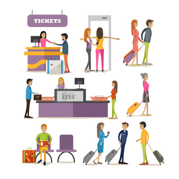 Vector set of people characters in airport terminal. Airline passengers passing security control, buying tickets and waiting for boarding