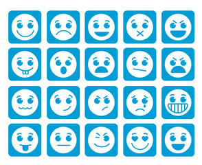 Smiley face vector icons in square flat blue buttons with emotions and facial expressions isolated in white background. Vector illustration.
