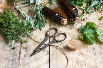 Fototapeta na wymiar fresh summer herbs - aromatherapy at wooden background