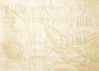 Old paper with signs, stamps and words. Brown crumpled paper. Vector illustration.
