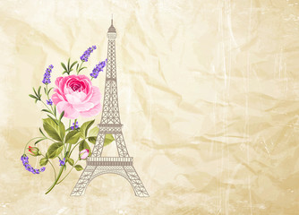 Eiffel tower icon with spring blooming flowers over old paper background. Wedding romantic card. Vector illustration.