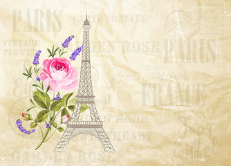 Eiffel tower icon with spring blooming flowers over old paper background with sign Tour Eiffel. Wedding romantic card. Vector illustration.