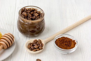 handmade coffee-cocoa scrub on wooden background close up