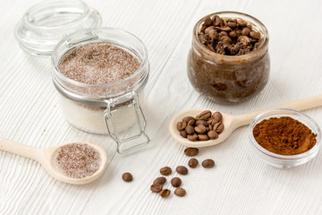 handmade coffee-cocoa scrub on wooden background close up