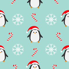 Christmas snowflake candy cane, penguin wearing red santa hat, scarf. Seamless Pattern Decoration. Wrapping paper, textile template. Blue background. Flat design.