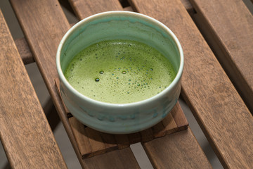 close-up of a cup of japanese matcha green tea
