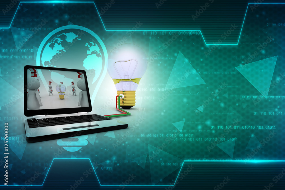 Poster 3d rendering led light bulb on laptop