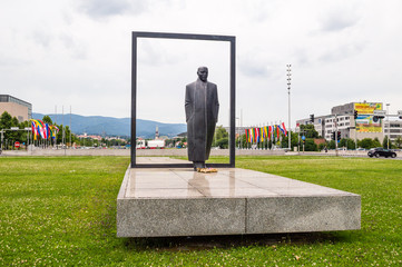 Veceslav Holjevac monument near the National and University Library in Zagreb, Croatia - obrazy, fototapety, plakaty