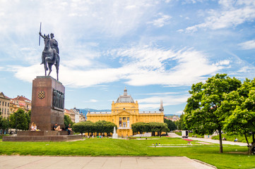 Monument of the Croatian King Tomislav and art pavilion in colorful park, in Zagreb, capital of Croatia