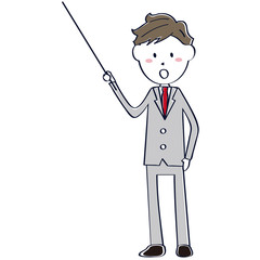 グレーのスーツの男性　イケメン　教師　先生　説明