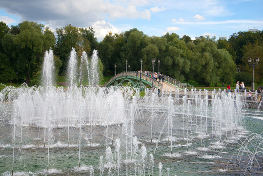 The fountain in the Tsaritsyno park in the cloudy september afternoon. Moscow, Russia