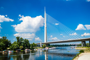 The Ada Bridge or alternatively Sava Bridge - a cable-stayed bridge over the Sava river in Belgrade, Serbia - obrazy, fototapety, plakaty