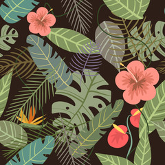 seamless tropical vector pattern with flower and palm leaves on dark background