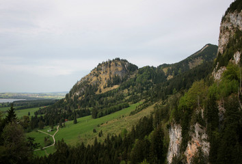 Panorama landscape in Bavaria with alps mountains and meadow at spring