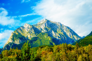 Beautiful landscape. Beautiful peaks in the clouds.