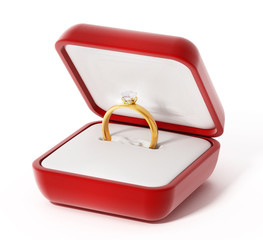 Diamond ring inside open red box. 3D illustration