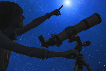 Girl looking at the stars with telescope beside her.