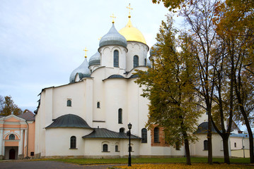 Fototapeta na wymiar St. Sophia Cathedral in the gloomy october afternoon. Kremlin of Veliky Novgorod, Russia