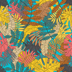 seamless vector pattern with tropical plants and palm leaves
