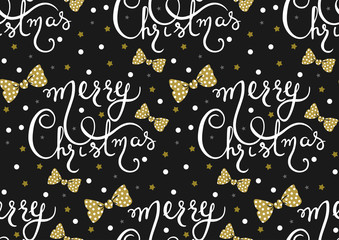 Vector seamless pattern with Merry Christmas lettering and bows