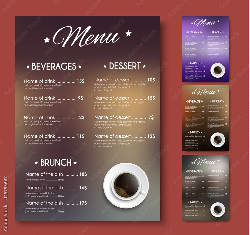 Aufkleber templates coffee menu of different colors with blurred backgroun