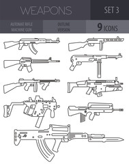Firearm set. Automatic rifle, machine gun. Outline linear versio