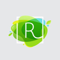 R letter logo in square frame at green watercolor splash backgro