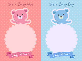 Fototapeta premium Invitation card template vector illustration of cute bears on pink and blue theme with blank space.