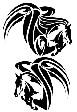 pegasus design set - black and white winged horse vector 