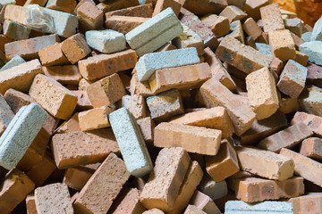 Heap of orange brick blocks, Brick blocks material for construction, Scatteredly of brick blocks heap, Non assembled brick blocks