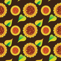 Sunflowers on a dark brown background. Seamless pattern. Design for textiles, tapestries, glassware, ceramics, packaging materials. 