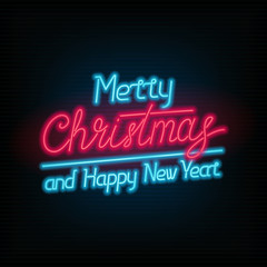 Merry Christmas and Happy New Year text. Vector neon sign. Xmas card.