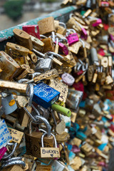 Love Padlocks at Pont de l'Archevche in Paris. The thousands of locks of loving couples symbolize love forever.