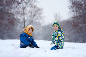 Fototapeta na wymiar Two boys, brothers, playing in the snow with snowballs