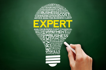 Expert bulb word cloud collage, business concept on blackboard
