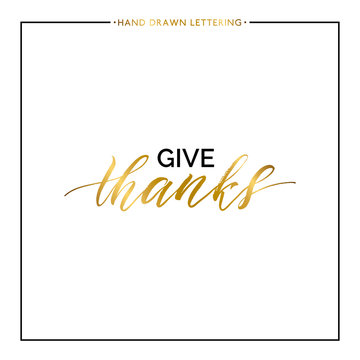 Give thanks gold text isolated on white background, hand painted illustration, golden vector thanksgiving lettering for greeting card, poster, banner, print, brush calligraphy