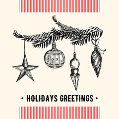 Vintage Christmas greeting card. Christmas and holiday card with Christmas decoration in retro style. Vector Illustration