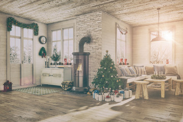 Skandinavisches, nordisches Wohnzimmer mit einem Sofa, Kamin und Deko.