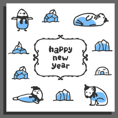 Happy new year greeting card with cute cartoon arctic animals. Vector doodle walrus, polar bear, seal, pinguin