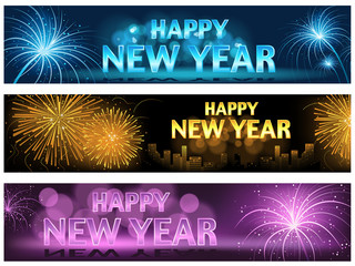 Happy New Year Banner or Website Banner Set - Colorful Illustrations, Vector