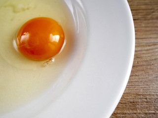Yolk of egg in a plate on wood background